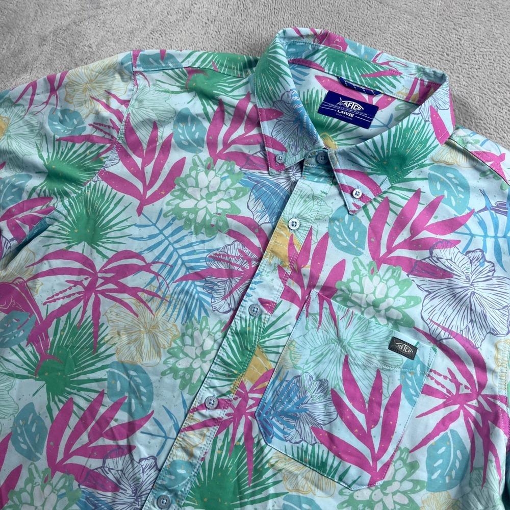 AFTCO Men Large Tropical Floral Short Sleeve Button Down Fishing Shirt Pink Blue